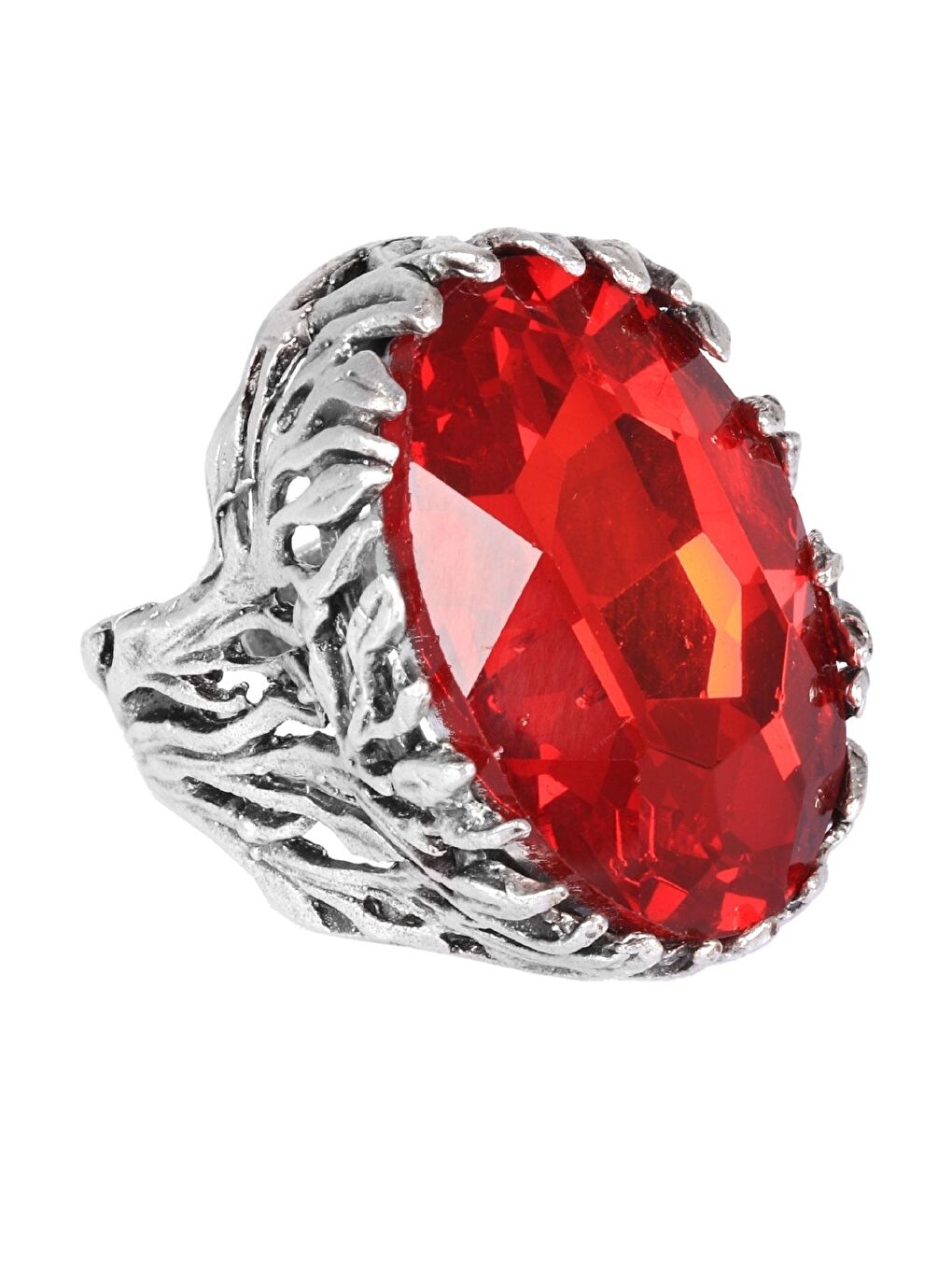Kırmızı Kadın Antik Gümüş Kaplama Kristal Kesme Taş Detaylı Ayarlanabilir Tasarım Yüzük-1
