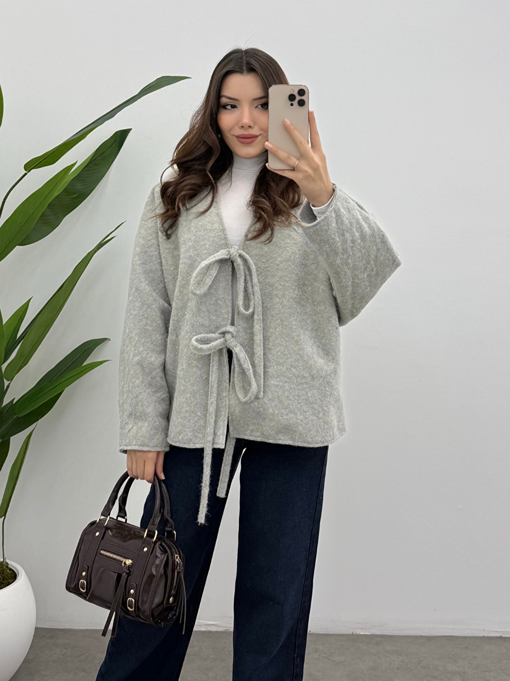 Kadın Buz Gri Bağcık Detaylı İthal Kaşe Ceket-3