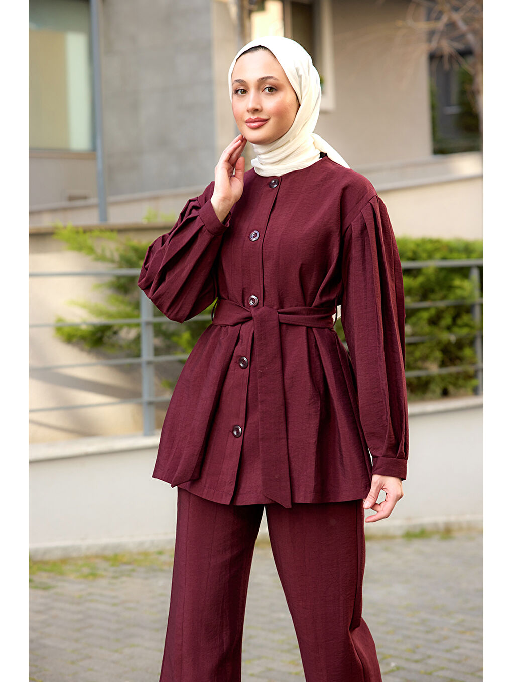 Kadın Pile Detaylı Kuşaklı İkili Takım Bordo-4