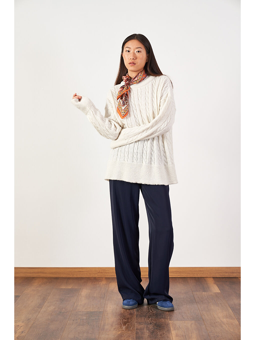 Saç Örgü Oversize Triko Kazak Ekru-1