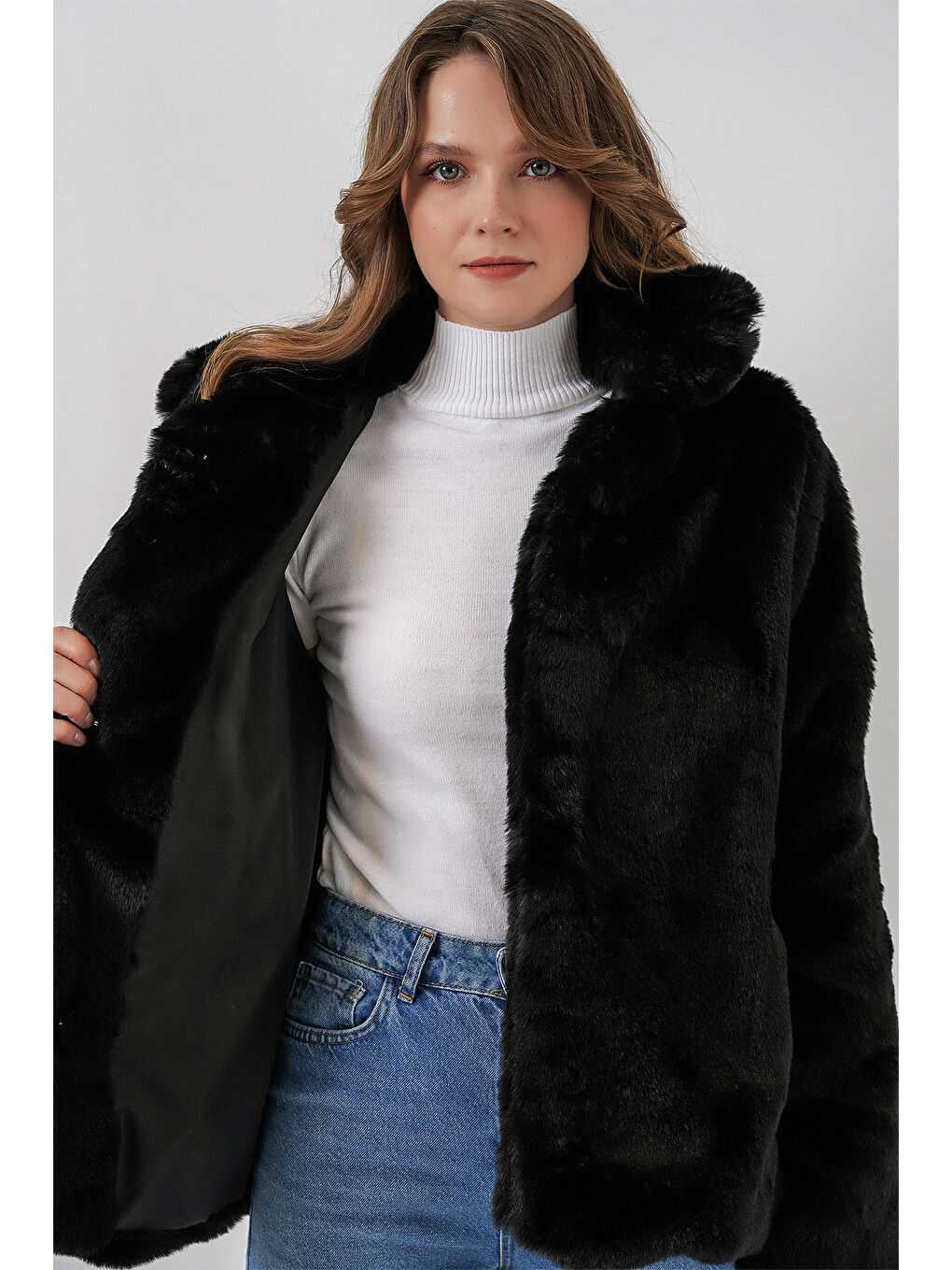Kadın Pelüş Kürk Mont 5234 - Siyah-3