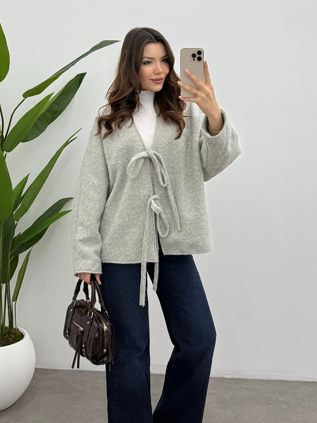 Kadın Buz Gri Bağcık Detaylı İthal Kaşe Ceket-4