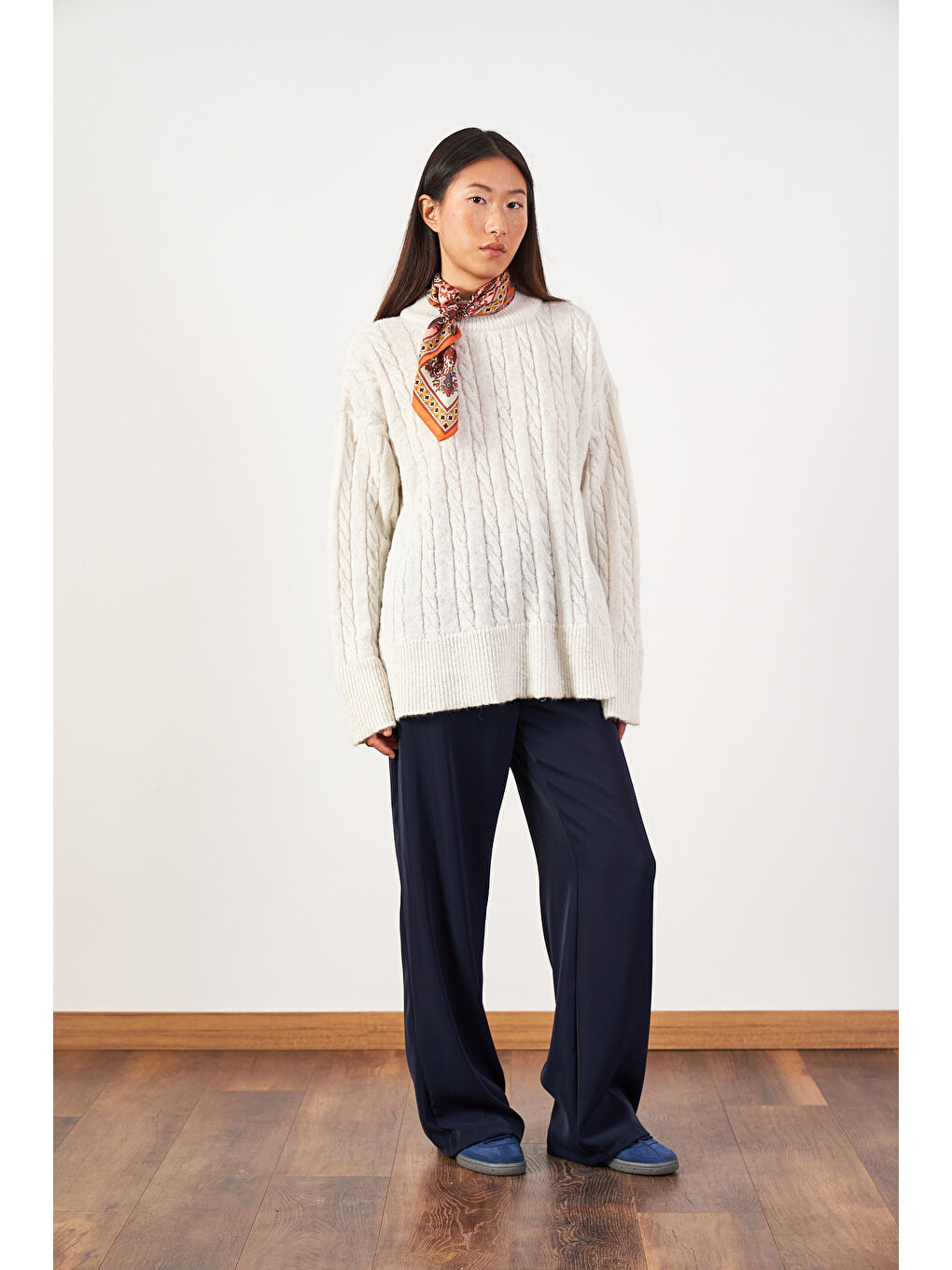 Saç Örgü Oversize Triko Kazak Ekru-2