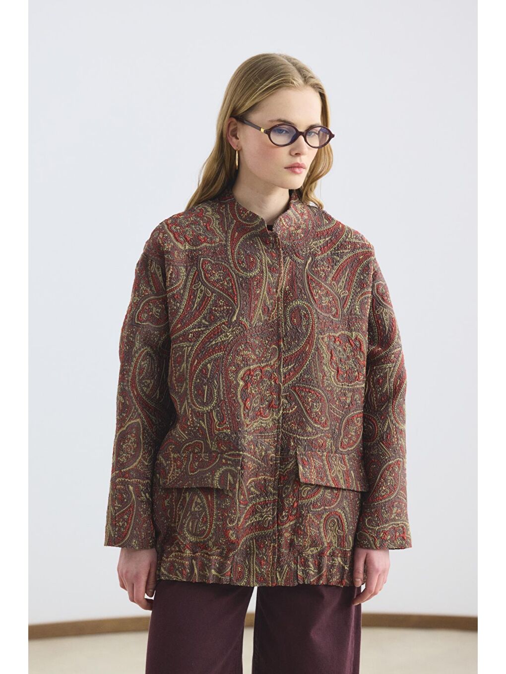 Desenli Jakar Bomber Ceket Kahverengi-4