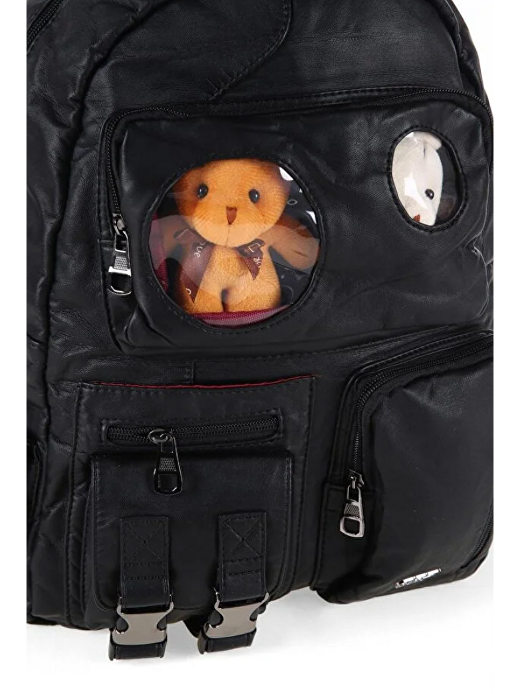 Siyah Çok Gözlü Deri Görünümlü Ayıcıklı Günlük Sırt Çantası 17449-2