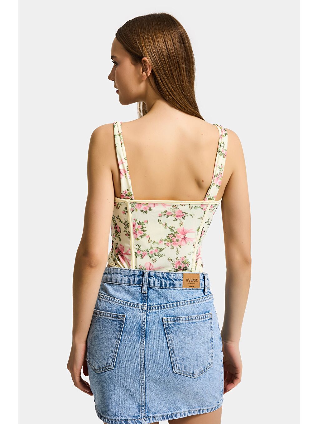 Kadın Sarı Çiçekli w5 Balenli Kuş Gözü Detaylı Özel Desen Tasarım Askılı Büstiyer-5