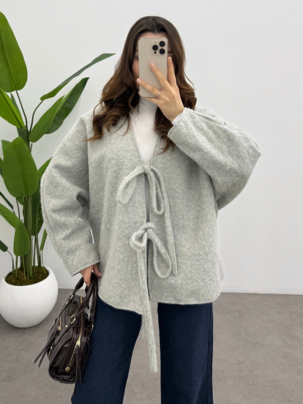 Kadın Buz Gri Bağcık Detaylı İthal Kaşe Ceket-5