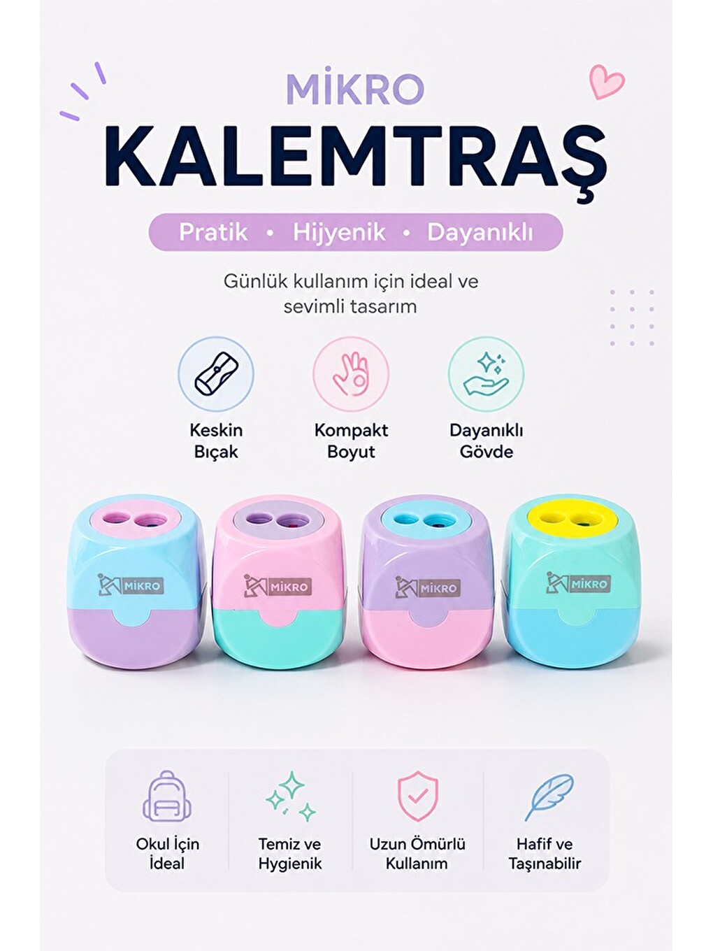 Pastel Renkli Küp Kalemtraş 4 Adet Mikro Mk-2023 Hazneli Çift Bıçaklı Kalem Açacağı Plastik Kalemtır