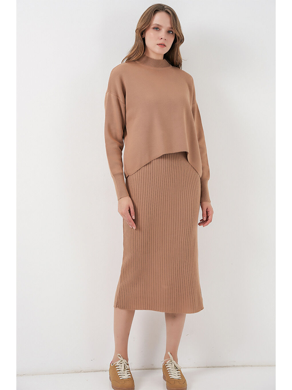 Sarı Kadın Kısa Kazaklı Triko Elbise 15958 - Camel