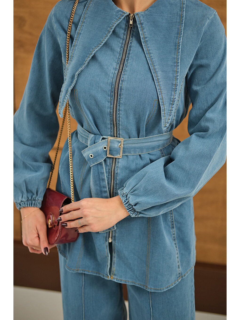 Kadın Dikiş Detay Jean Takım Açık Mavi-3