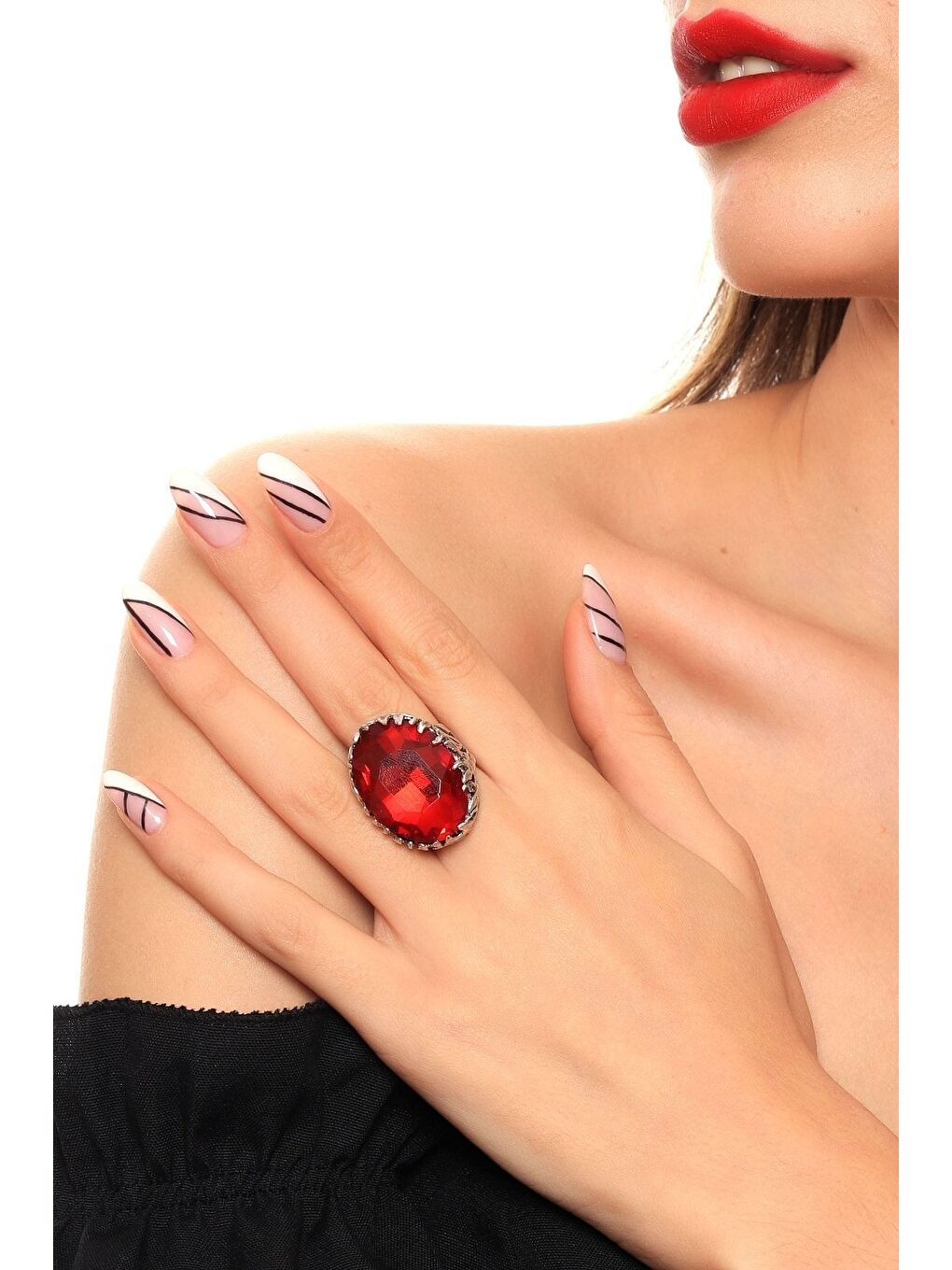 Kırmızı Kadın Antik Gümüş Kaplama Kristal Kesme Taş Detaylı Ayarlanabilir Tasarım Yüzük-4