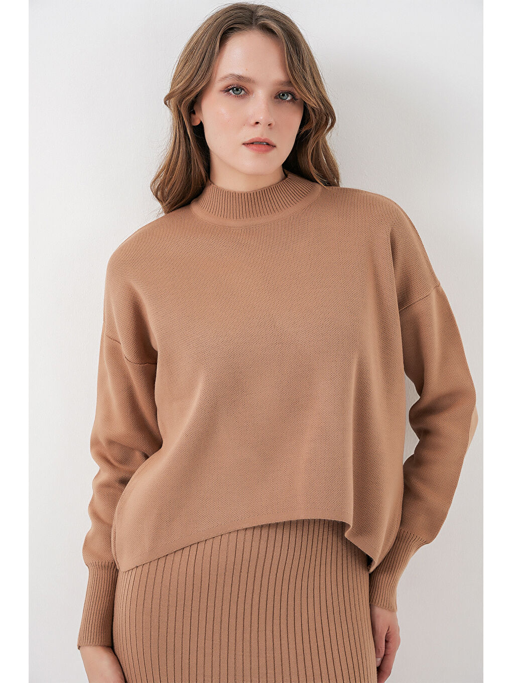 Sarı Kadın Kısa Kazaklı Triko Elbise 15958 - Camel-1