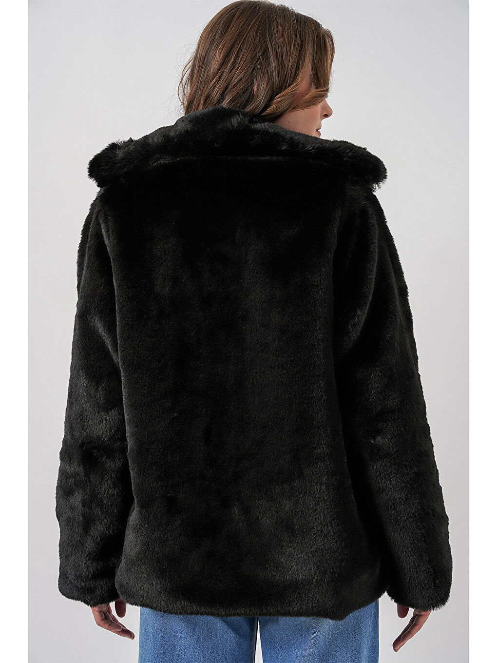 Kadın Pelüş Kürk Mont 5234 - Siyah-5