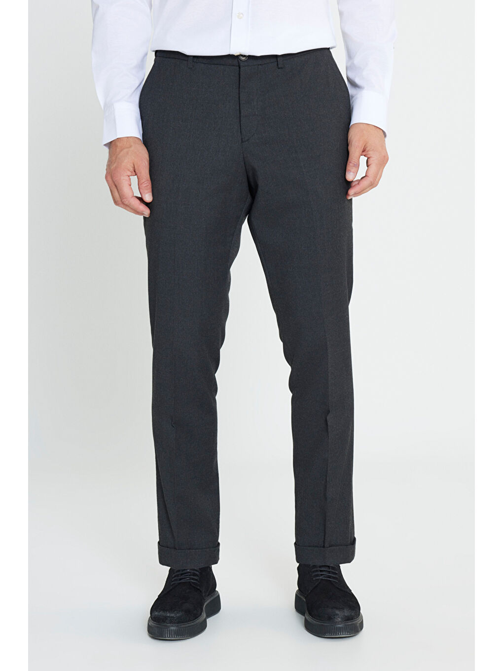 Erkek Antrasit Yünlü Flanel Slim Fit Dar Kesim Beli Gizli Lastikli Yan Cep Klasik Pantolon-1