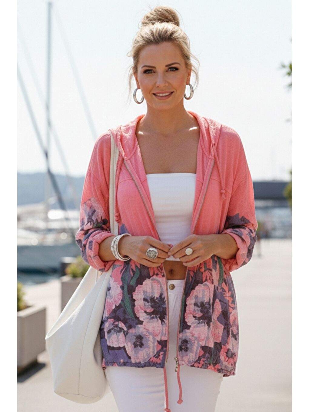 İtalyan Pembe Düğmeli Uzun Kollu Cepli Kapüşonlu Fermuarlı Baskılı Regular Boy Dokuma Ceket 68 65