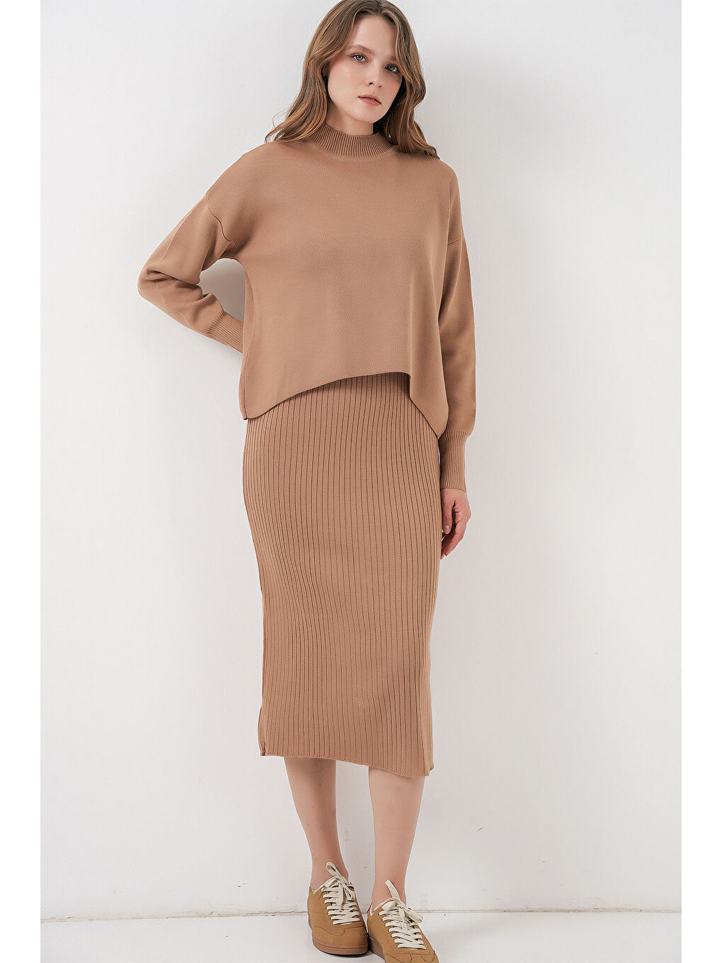 Sarı Kadın Kısa Kazaklı Triko Elbise 15958 - Camel-2