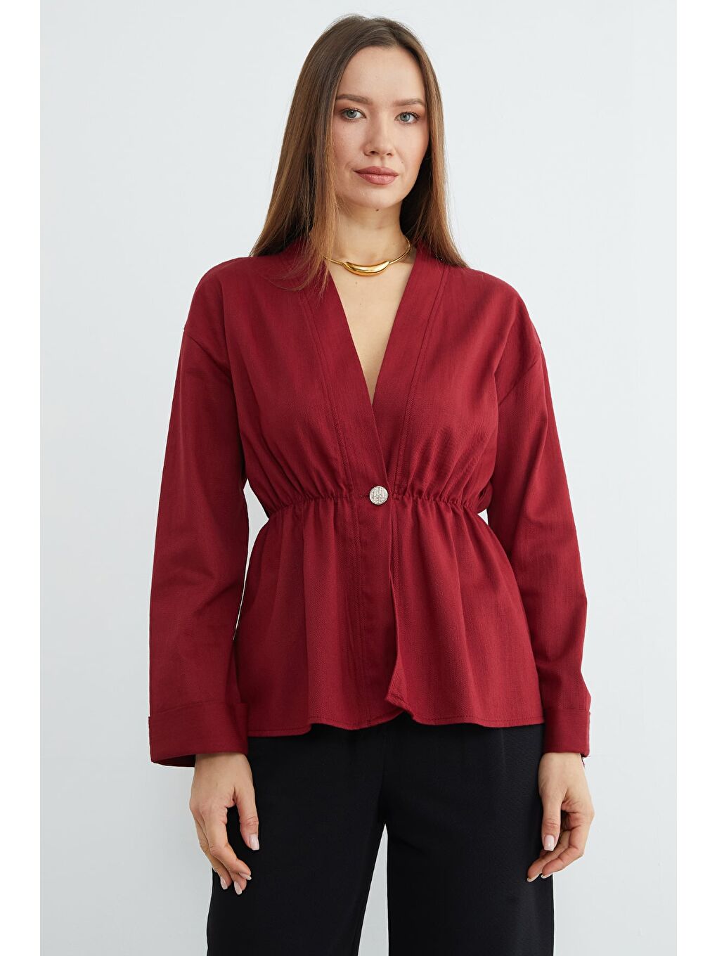 Bordo Beli Lastikli Keten Görünümlü Ceket-1