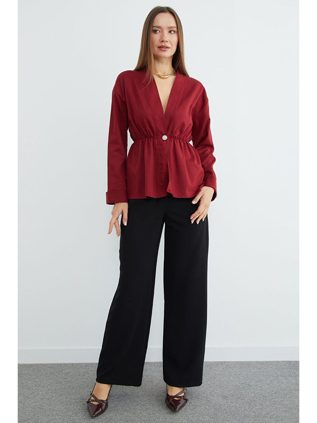 Bordo Beli Lastikli Keten Görünümlü Ceket-2