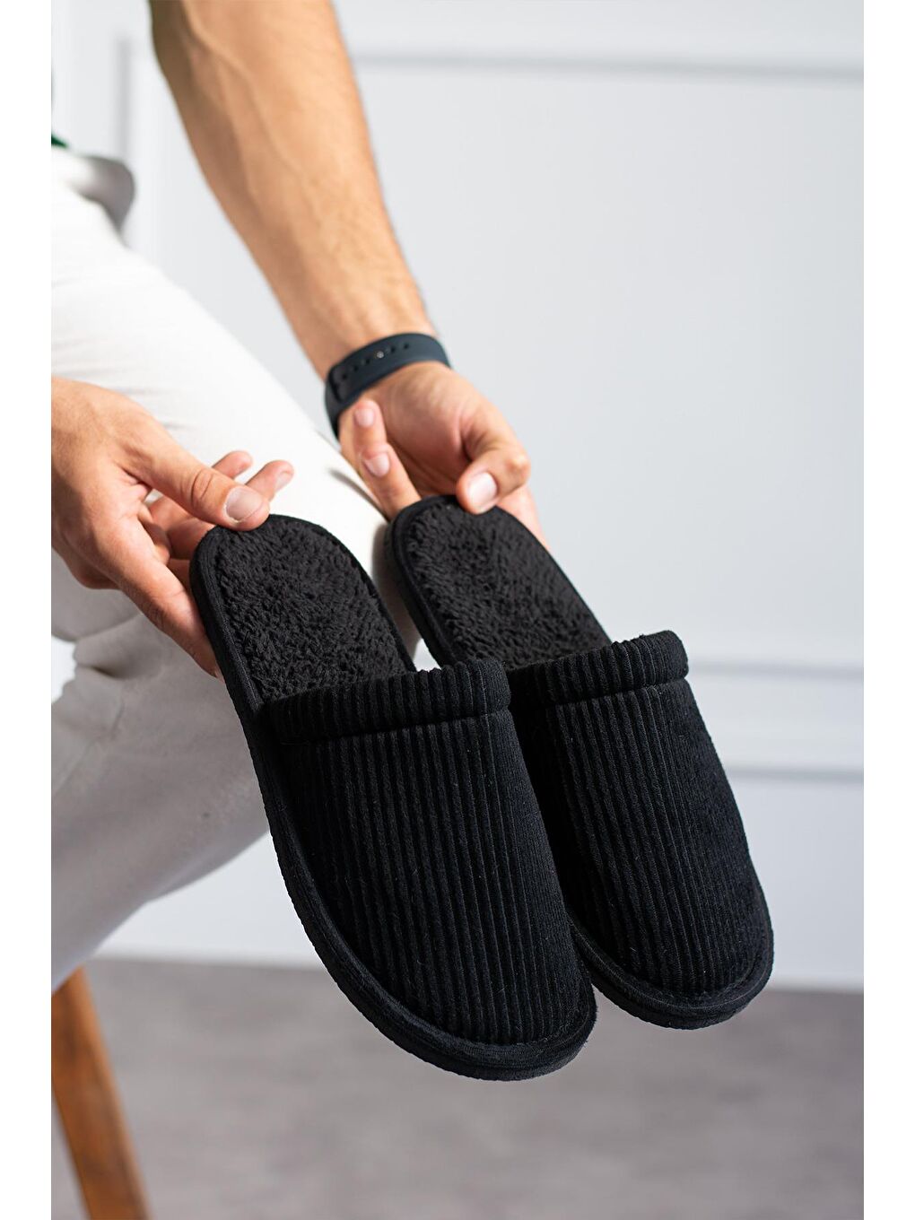 Siyah FİTİLLİ DÜZ Unisex Ev Terliği Kışlık Kadın Erkek Terlik-1