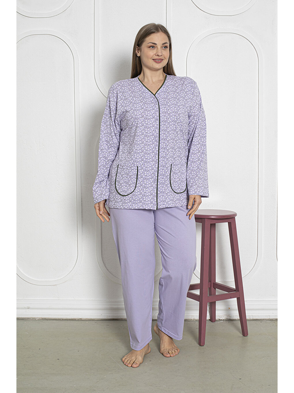 Lila %100 Pamuklu Uzun Kollu Boydan Düğmeli Büyük Beden Kadın Pijama Takımı 206-1