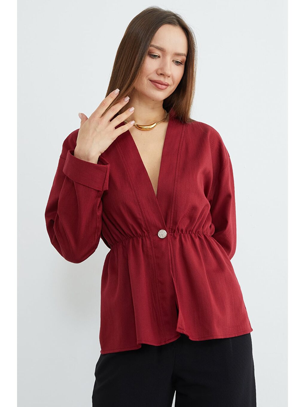 Bordo Beli Lastikli Keten Görünümlü Ceket-3