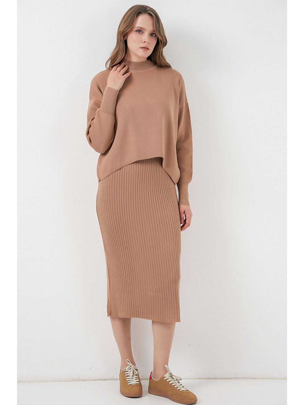 Sarı Kadın Kısa Kazaklı Triko Elbise 15958 - Camel-3