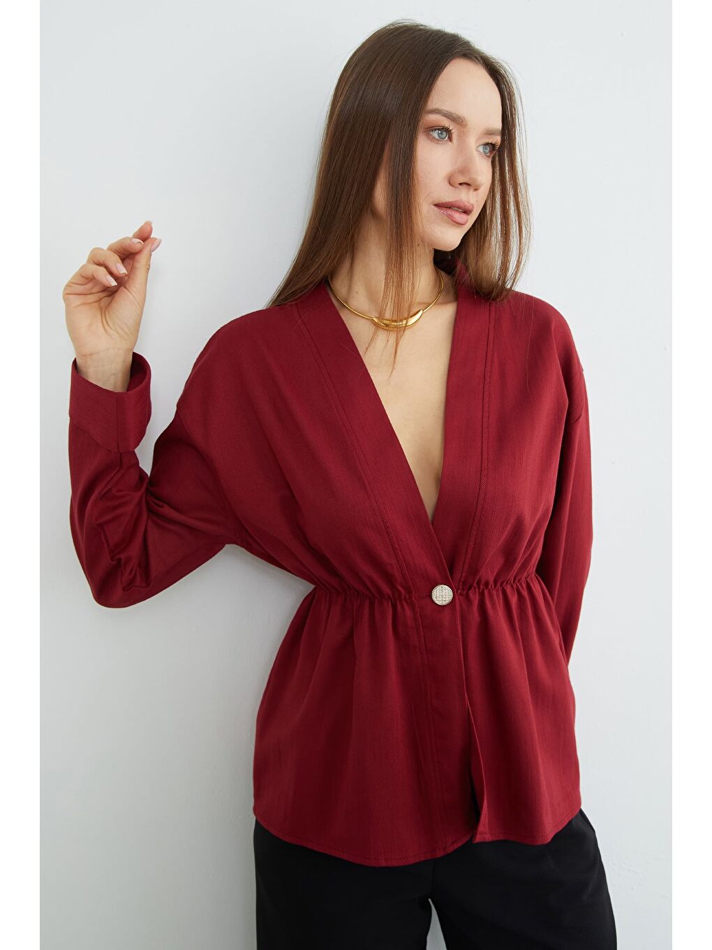 Bordo Beli Lastikli Keten Görünümlü Ceket-4