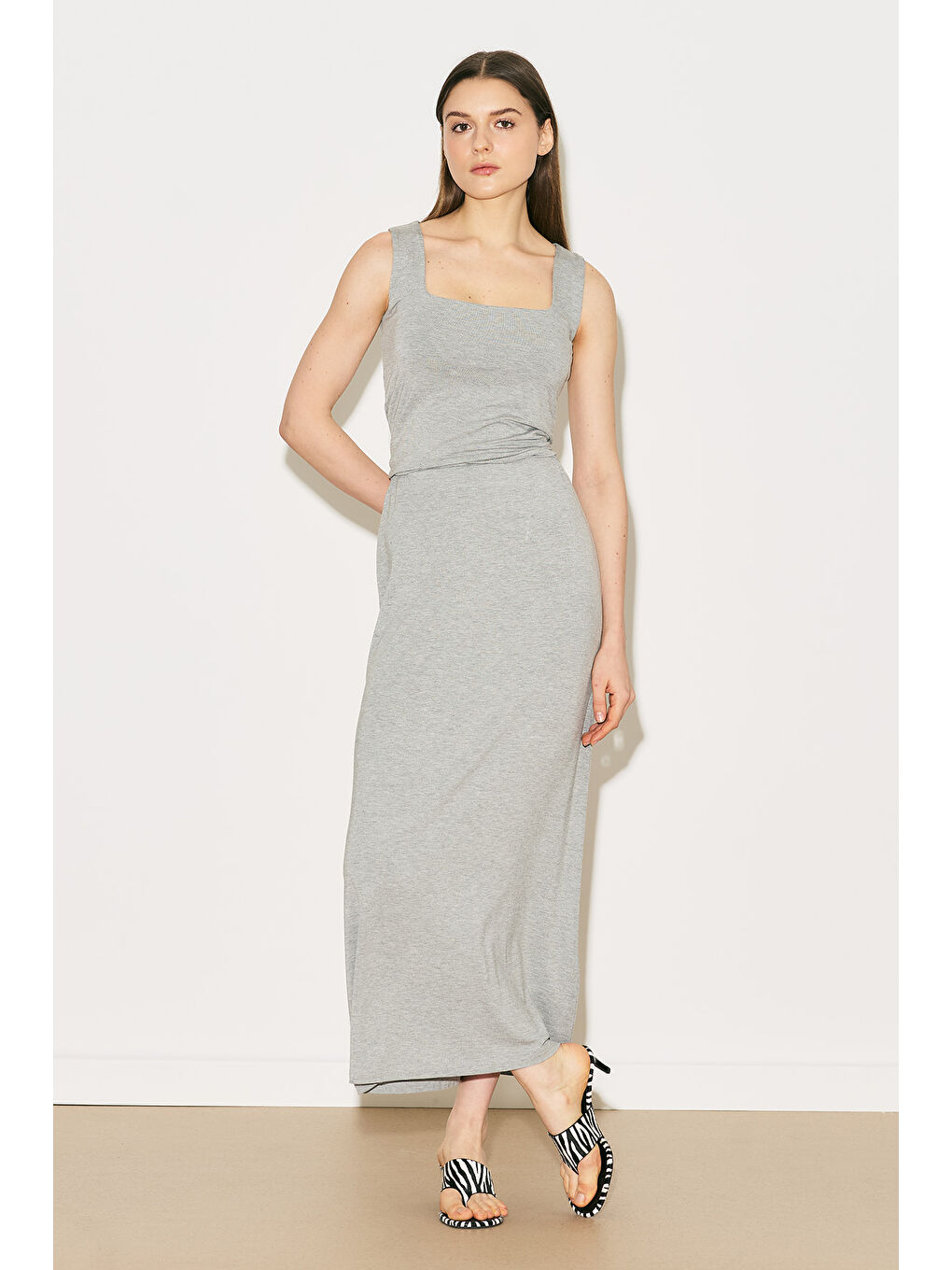 Easy Kolsuz Kare Yaka Bluz Gri Melanj-1