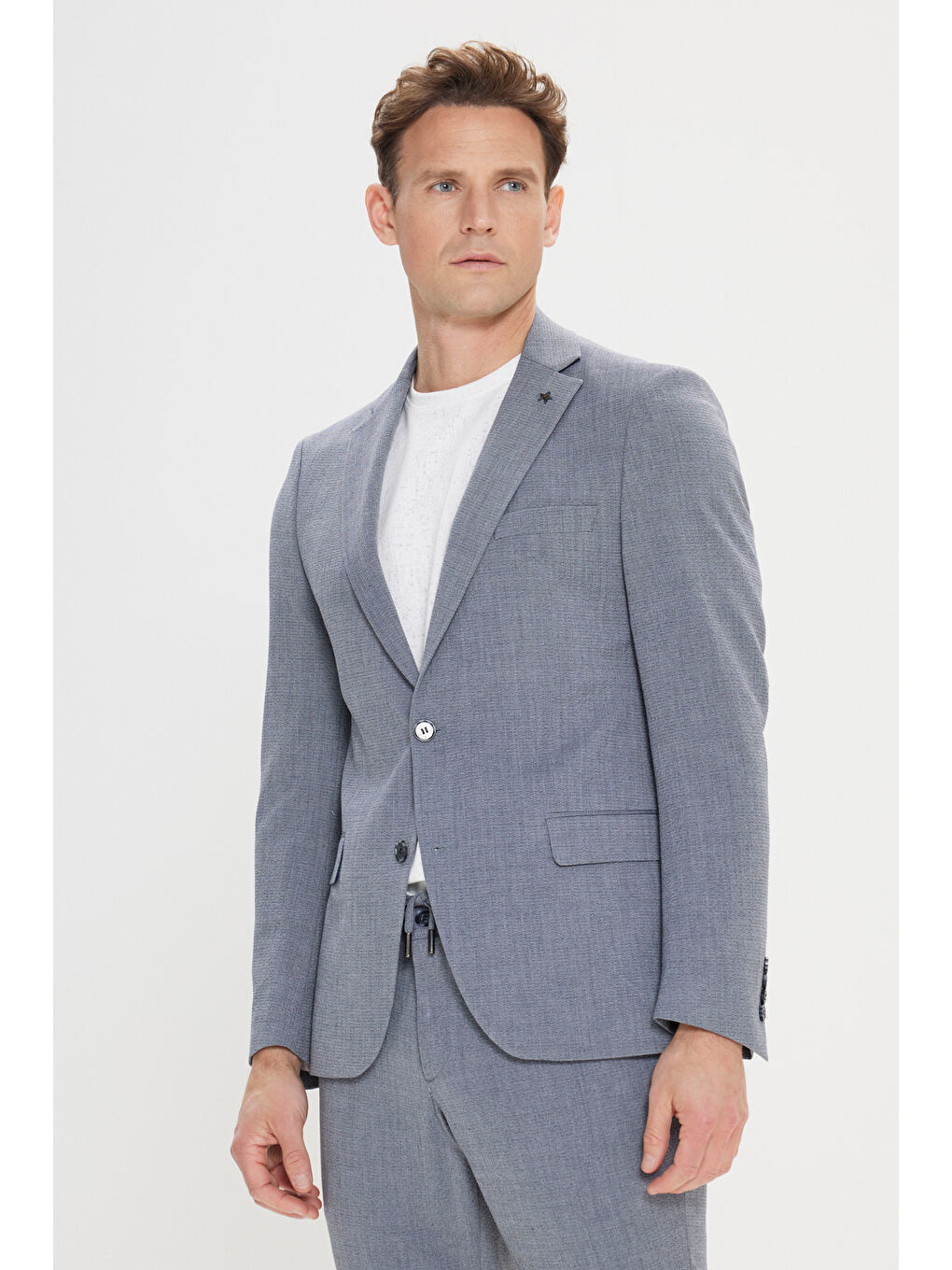 Erkek Gri Slim Fit Mono Yaka Beli Bağlamalı Gofre Desenli Takım Elbise