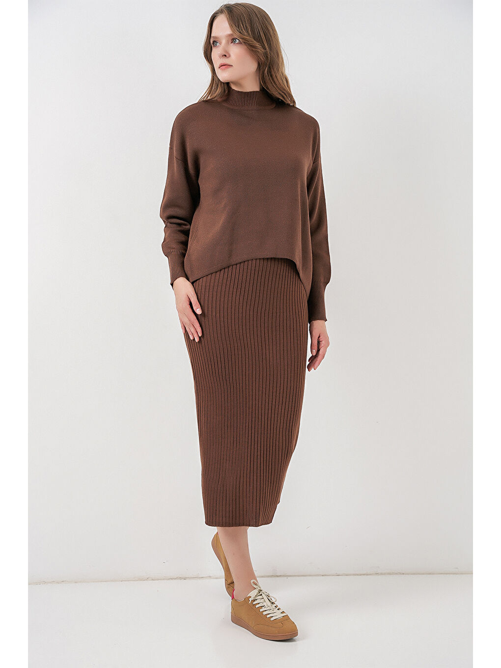 Kadın Kısa Kazaklı Triko Elbise 15958 - Kahverengi-2