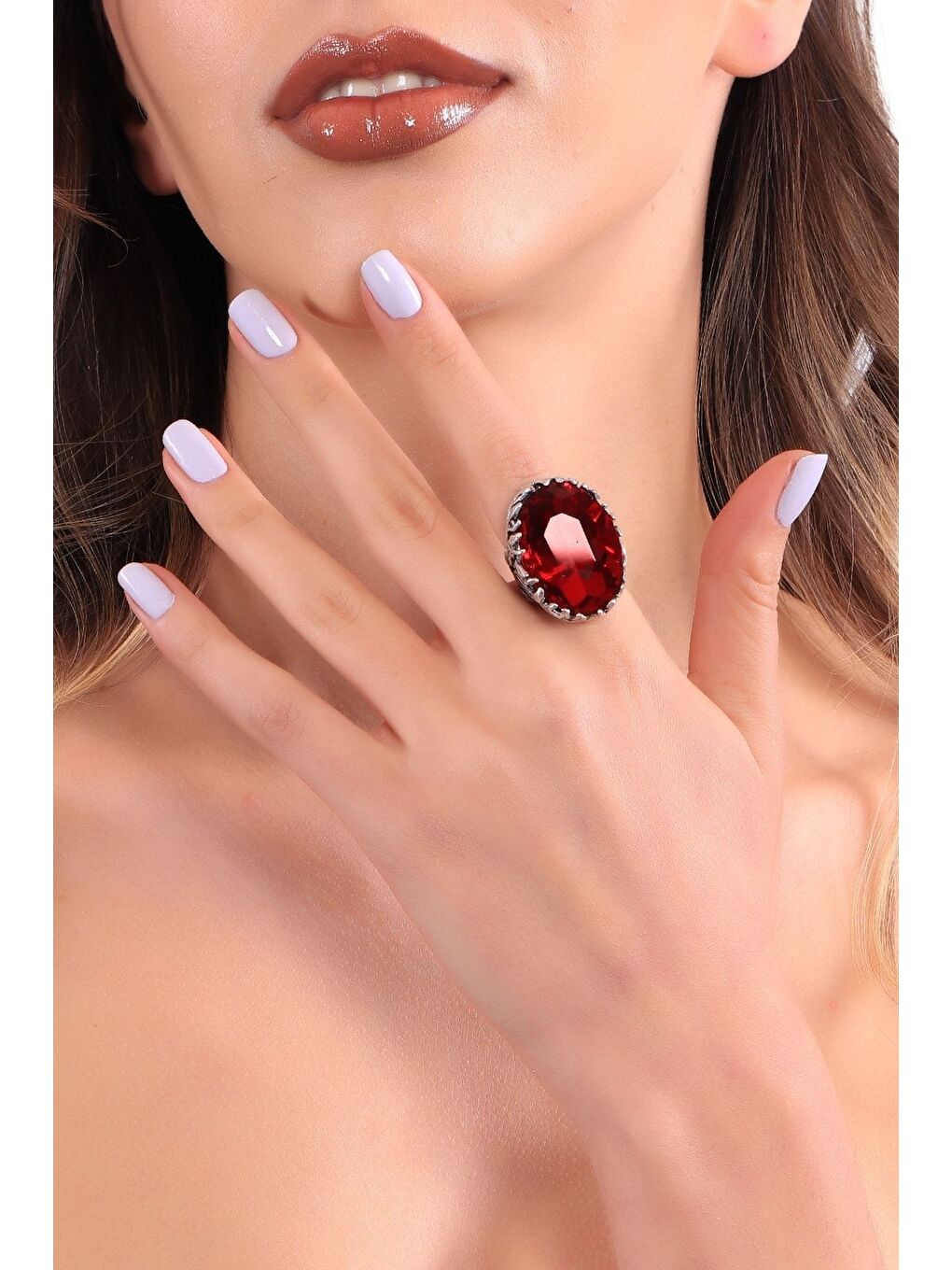 Kırmızı Kadın Antik Gümüş Kaplama Kristal Kesme Taş Detaylı Ayarlanabilir Tasarım Yüzük-3