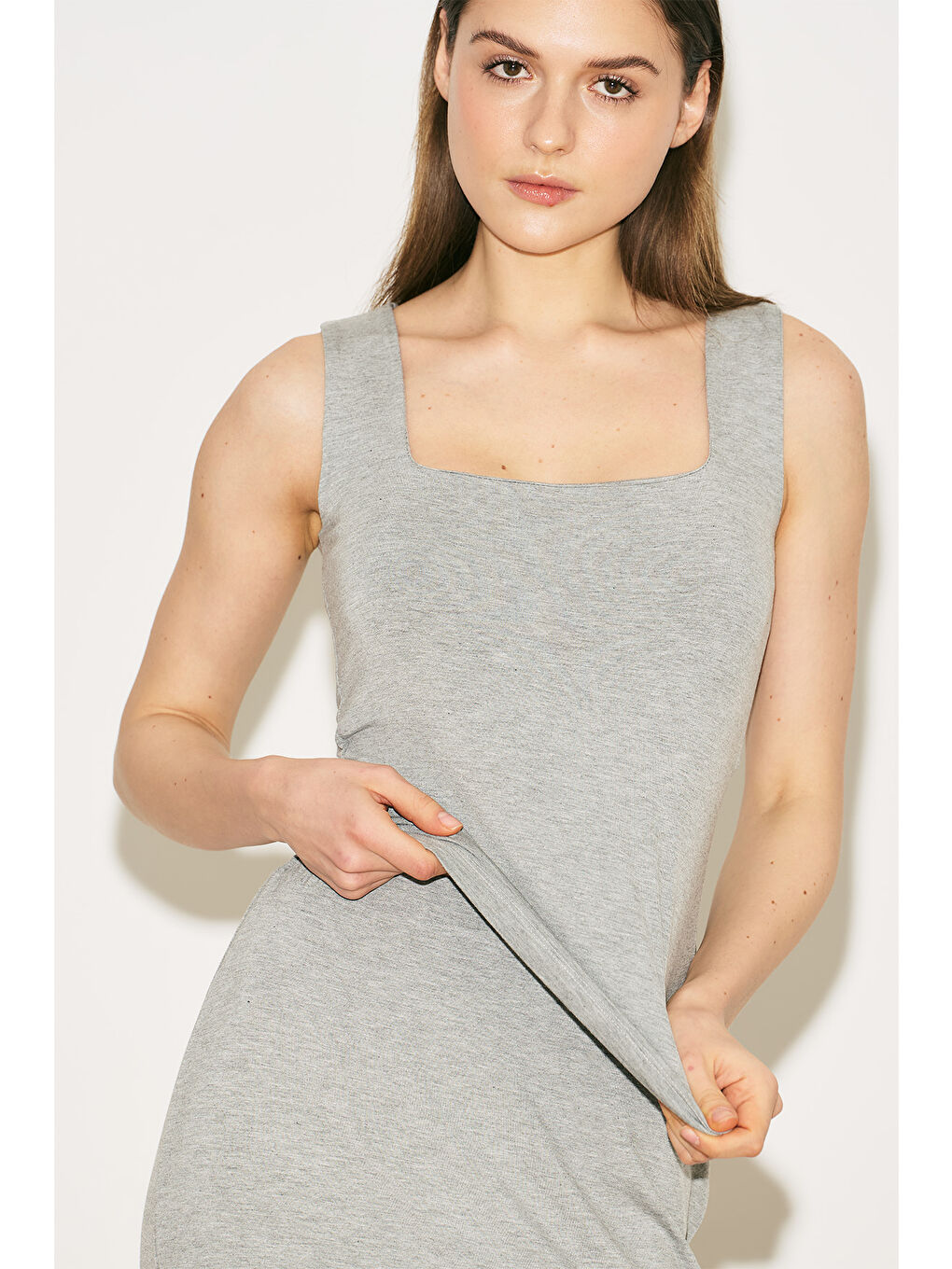 Easy Kolsuz Kare Yaka Bluz Gri Melanj-2