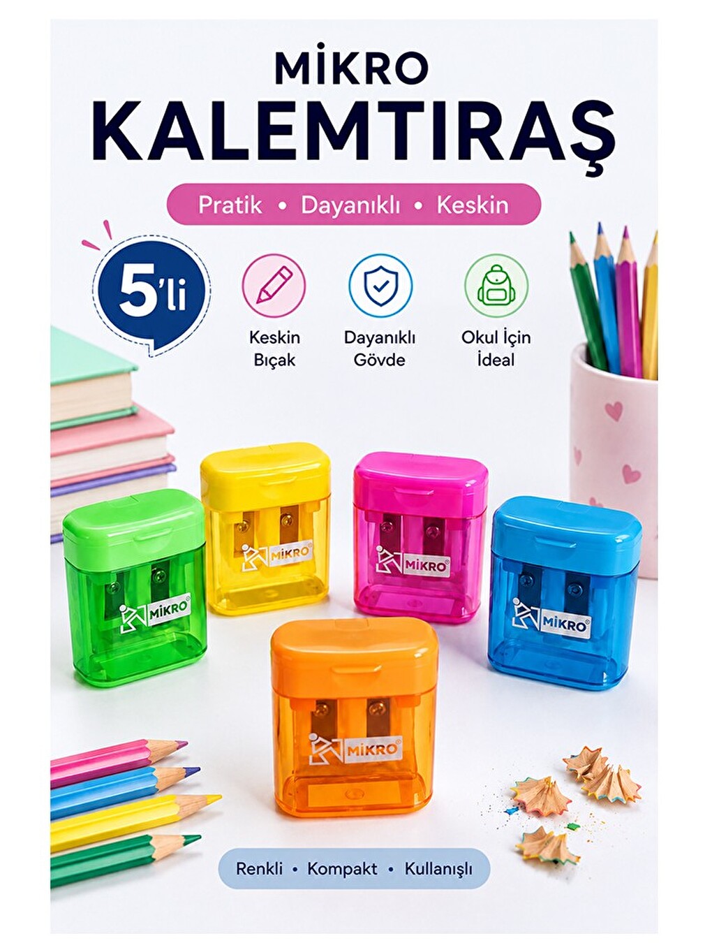 Kalemtraş 5 Adet Mikro Mk-4002 Hazneli Çift Bıçaklı Kalem Açacağı Plastik Kalemtıraş Kalem Traş Okul