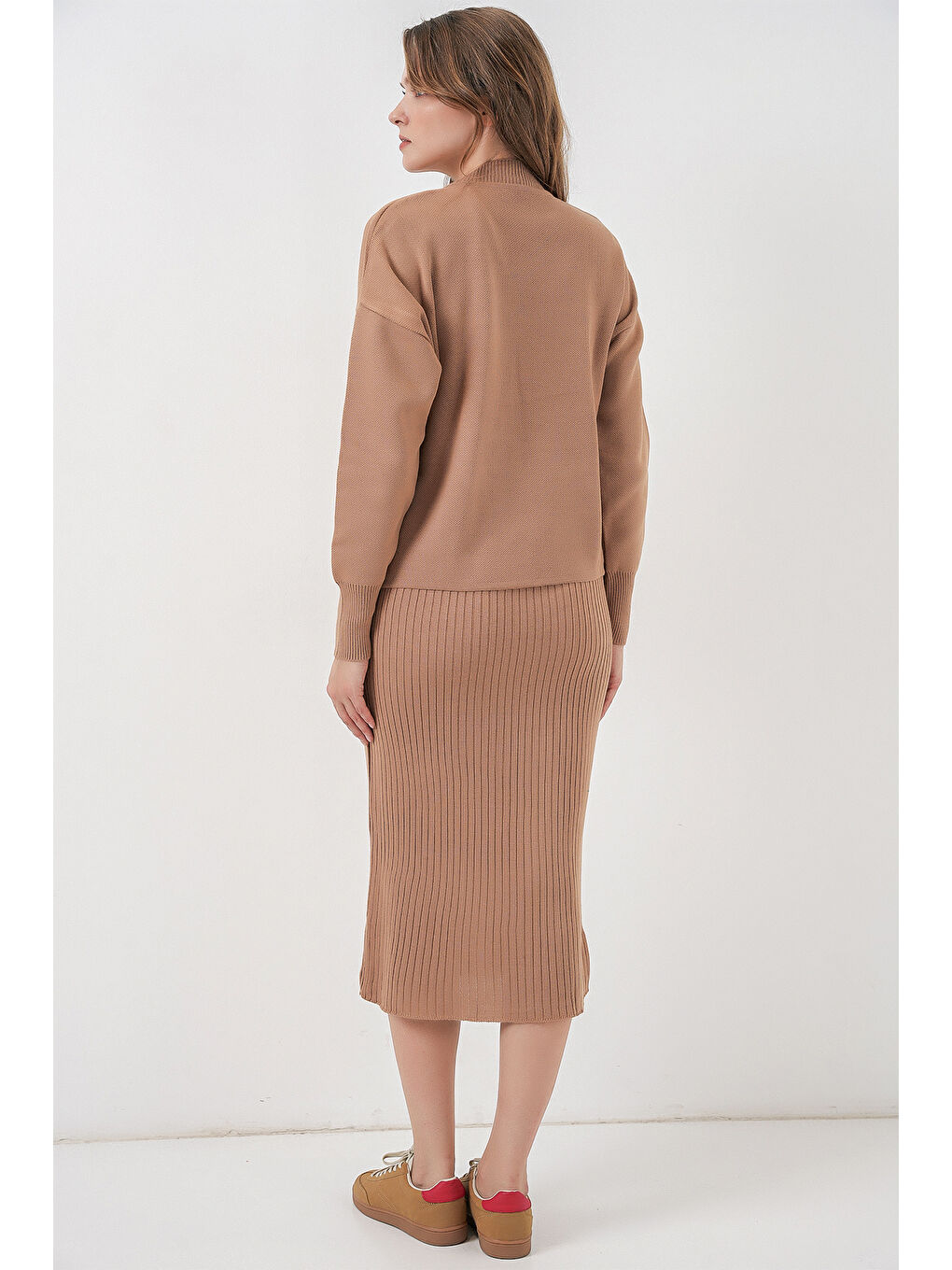 Sarı Kadın Kısa Kazaklı Triko Elbise 15958 - Camel-5