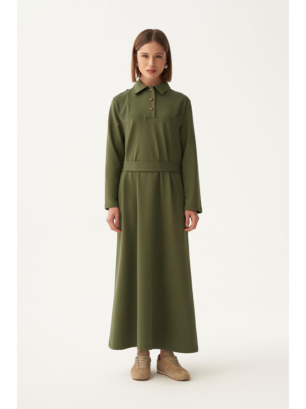 Yeşil-Pamuklu Gömlek Yaka Apoletli Elbise