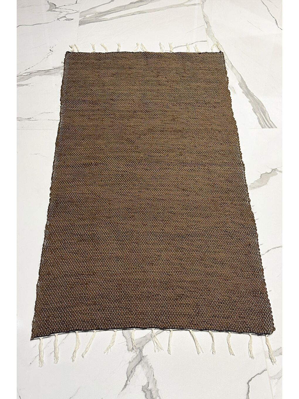 Kahverengi El Yapımı Buldan Dokuma Kilim Otantik Örgü Yolluk Halı Kahve 75x135cm