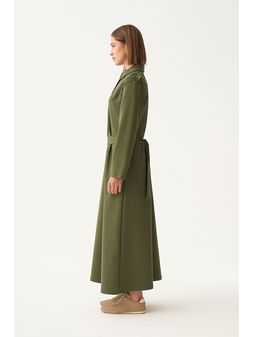 Yeşil-Pamuklu Gömlek Yaka Apoletli Elbise-1