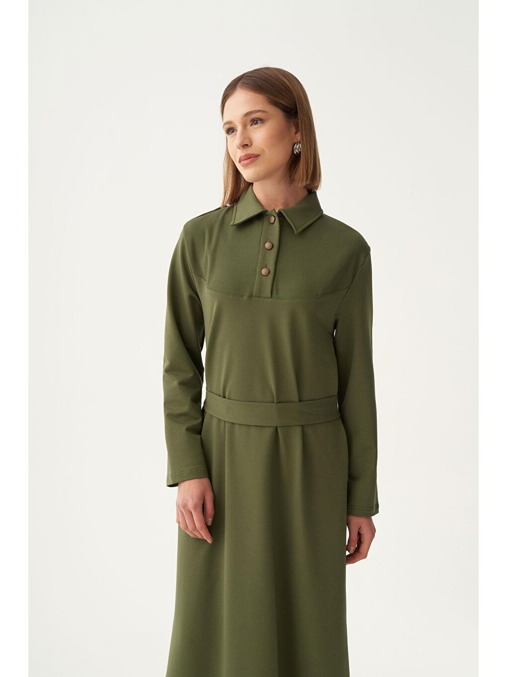 Yeşil-Pamuklu Gömlek Yaka Apoletli Elbise-2