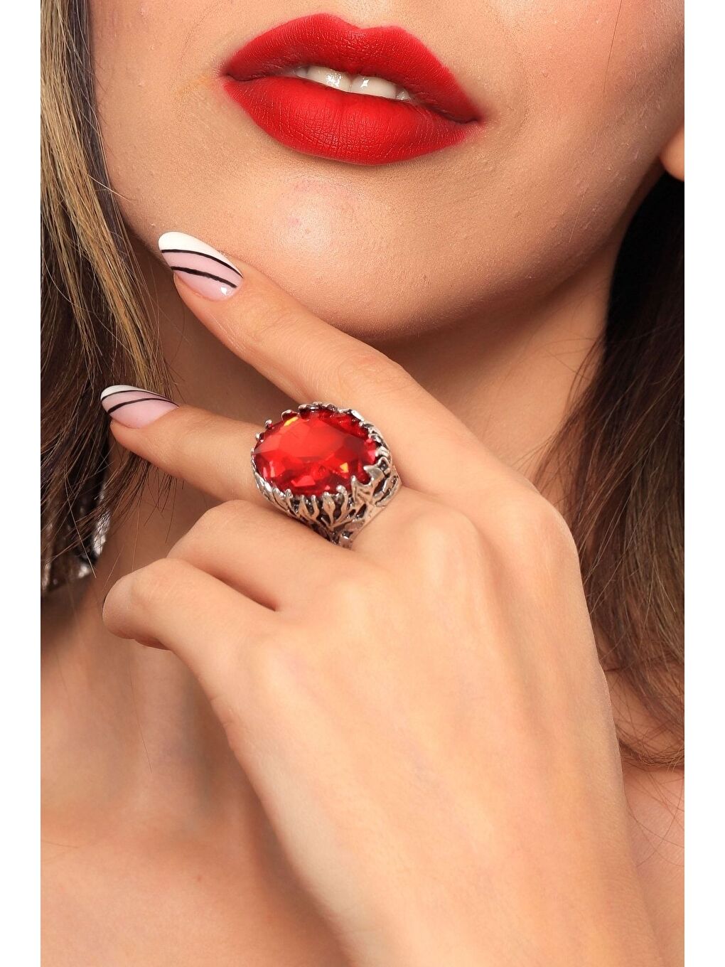 Kırmızı Kadın Antik Gümüş Kaplama Kristal Kesme Taş Detaylı Ayarlanabilir Tasarım Yüzük-6