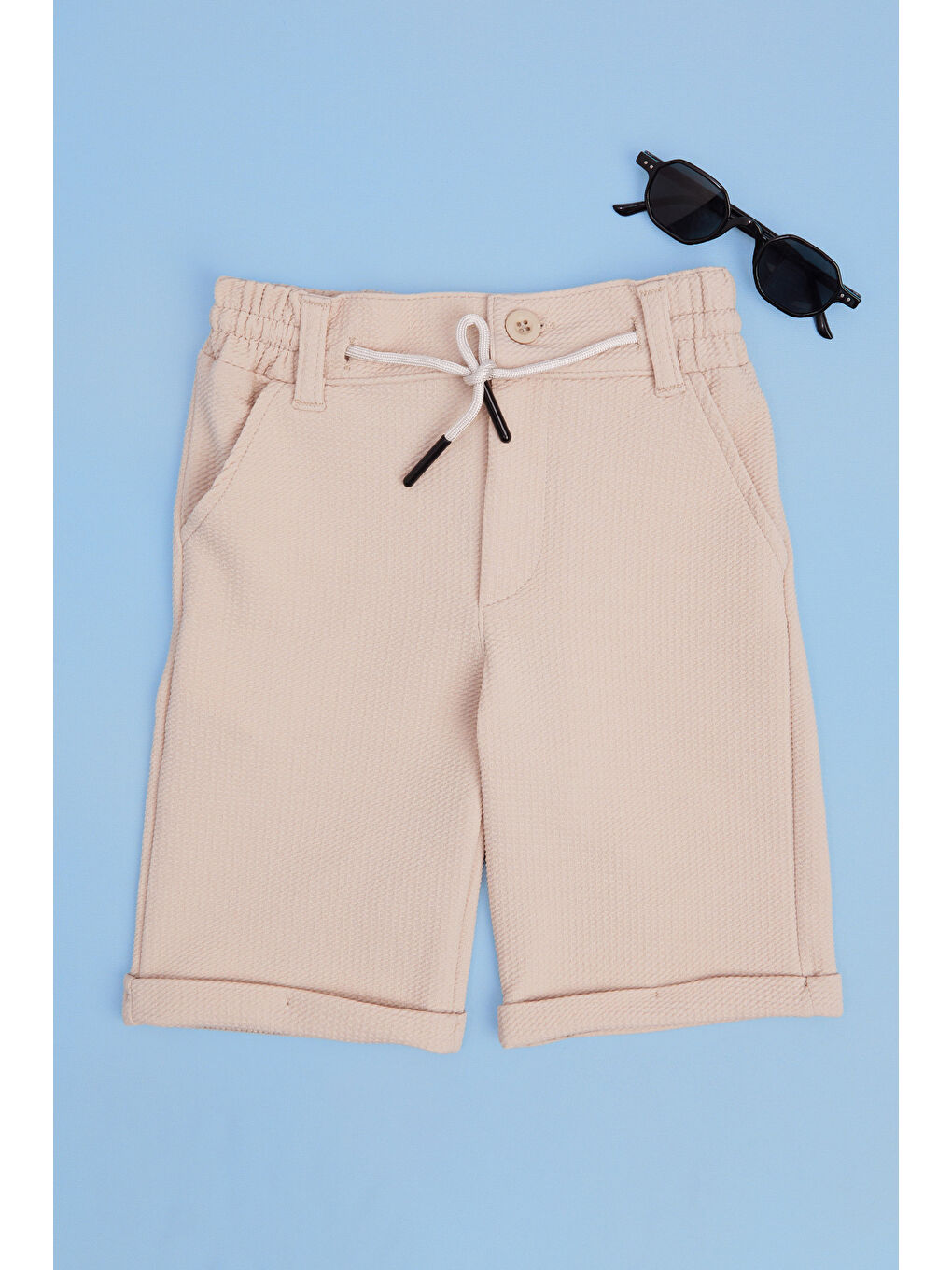 Bej Beli Lastikli Duble Paça Erkek Çocuk Şort