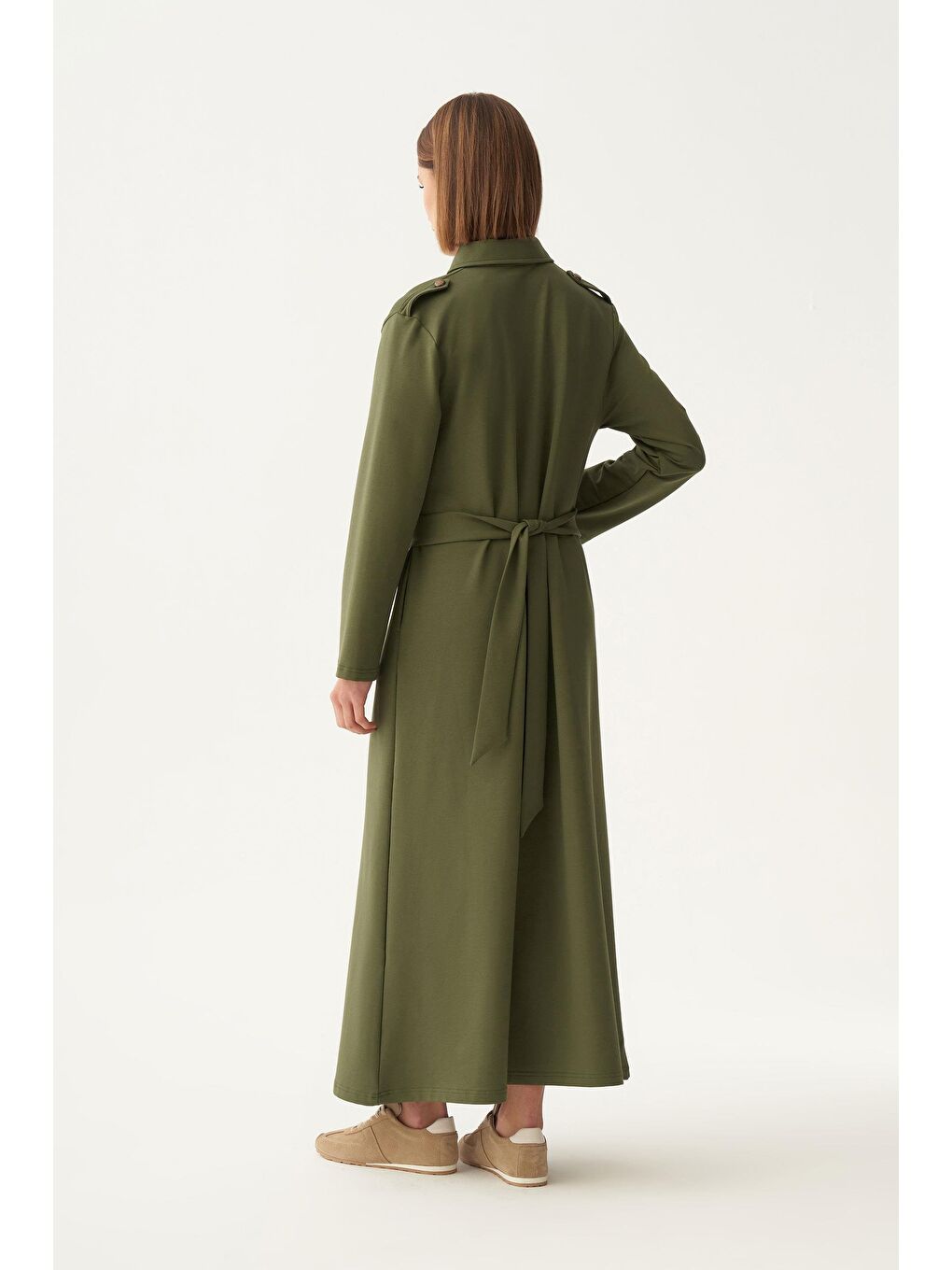 Yeşil-Pamuklu Gömlek Yaka Apoletli Elbise-3