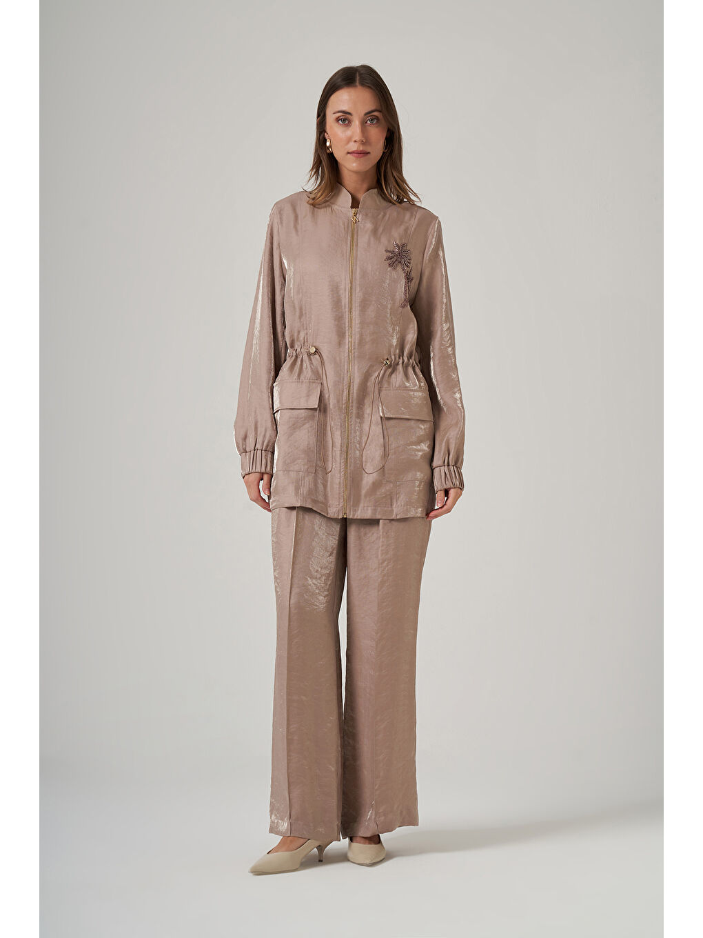 Taş İşleme Cep Detaylı Pantolonlu Takım 1032 Bej-2