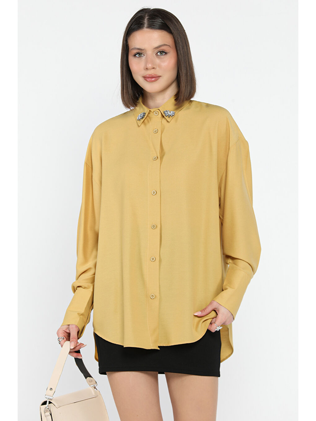 Kahverengi Kadın Yaka Taş İşlemeli Kendinden Desenli Gömlek