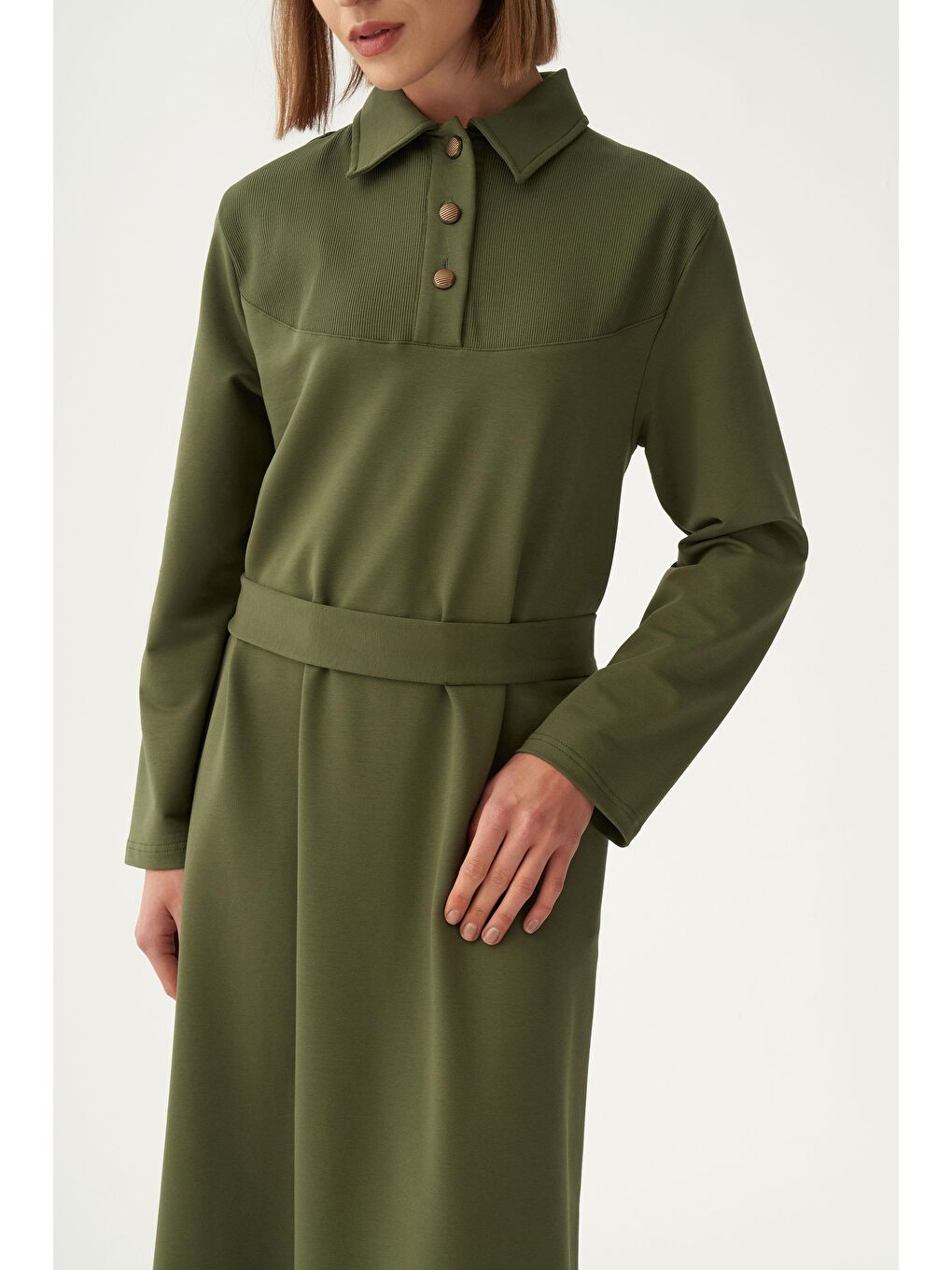 Yeşil-Pamuklu Gömlek Yaka Apoletli Elbise-4