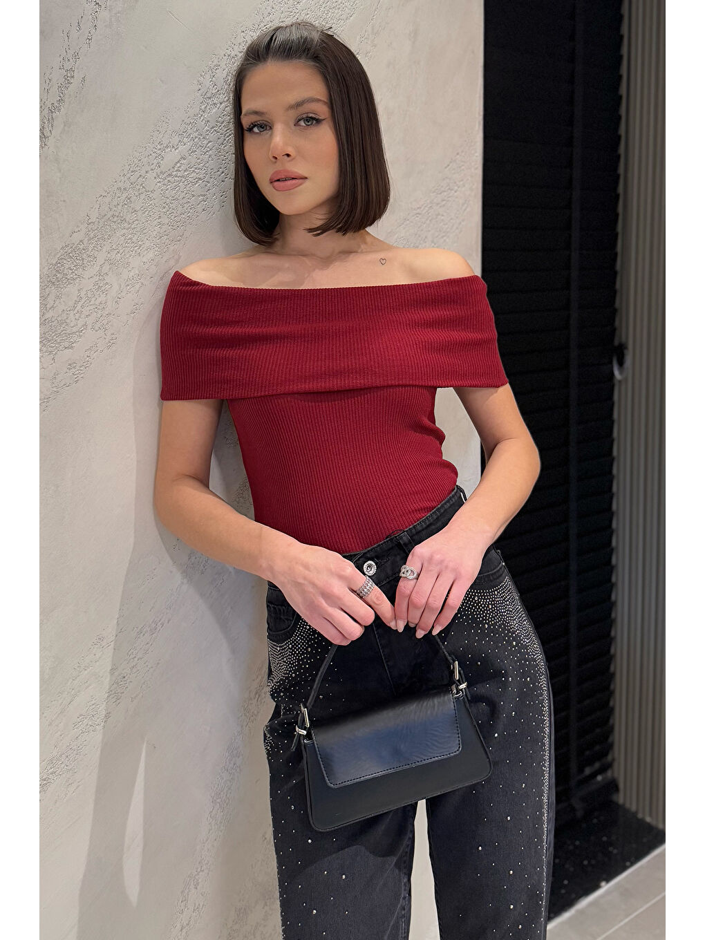 Bordo Kadın Madonna Yaka Kaşkorse Bluz