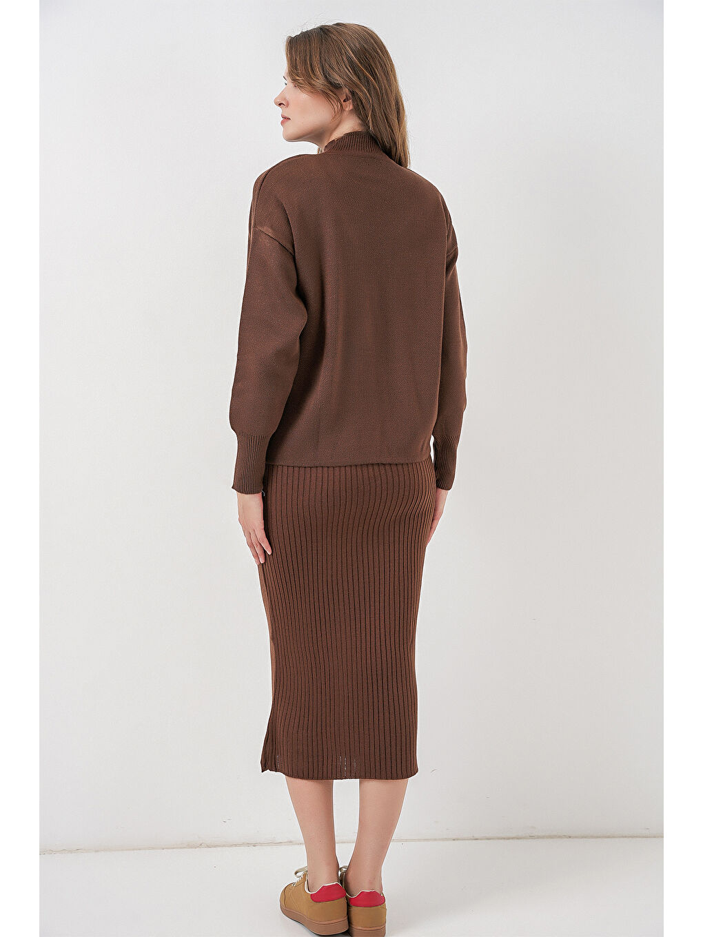 Kadın Kısa Kazaklı Triko Elbise 15958 - Kahverengi-5
