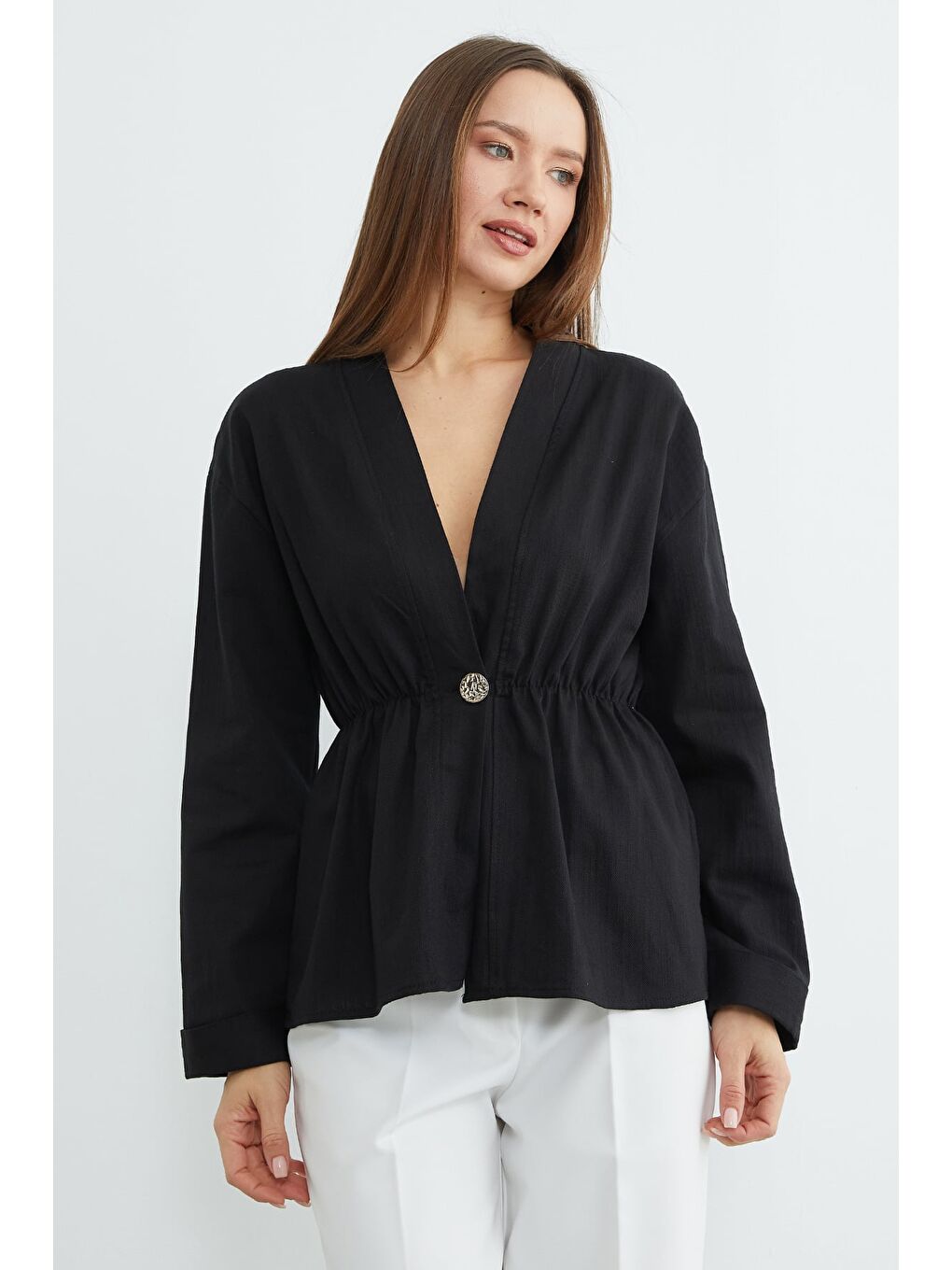 Siyah Beli Lastikli Keten Görünümlü Ceket-2