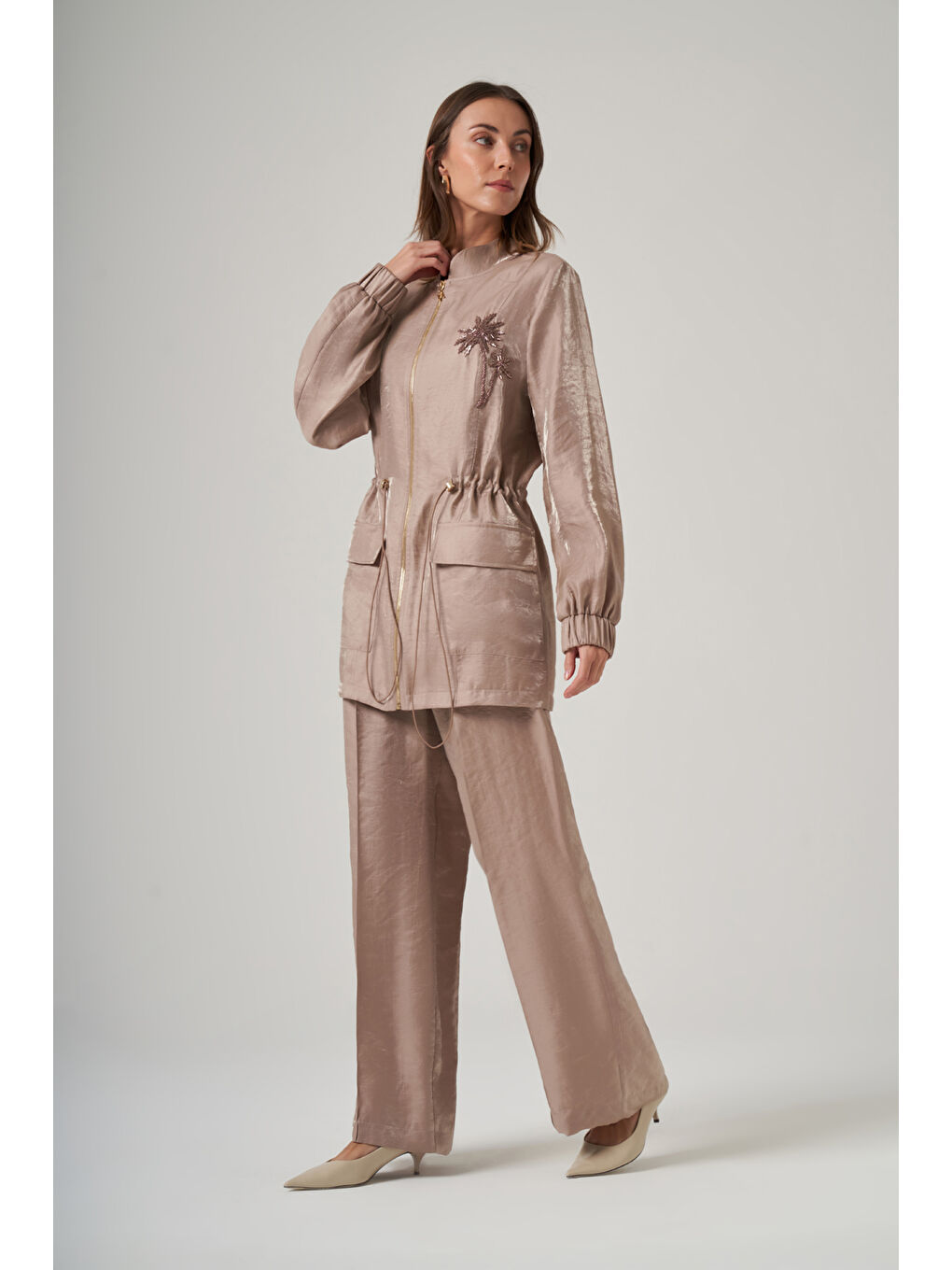 Taş İşleme Cep Detaylı Pantolonlu Takım 1032 Bej-4