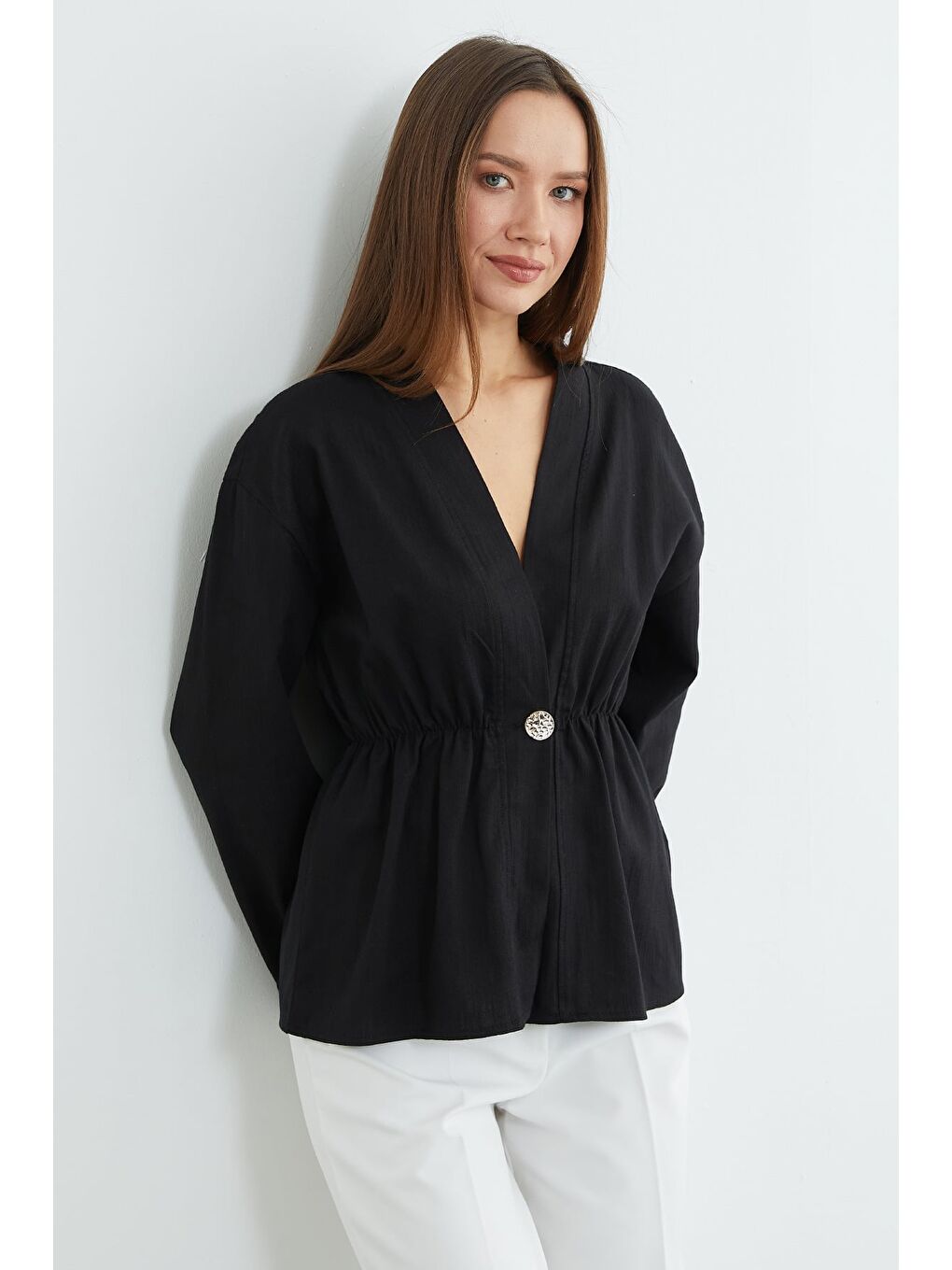 Siyah Beli Lastikli Keten Görünümlü Ceket-3