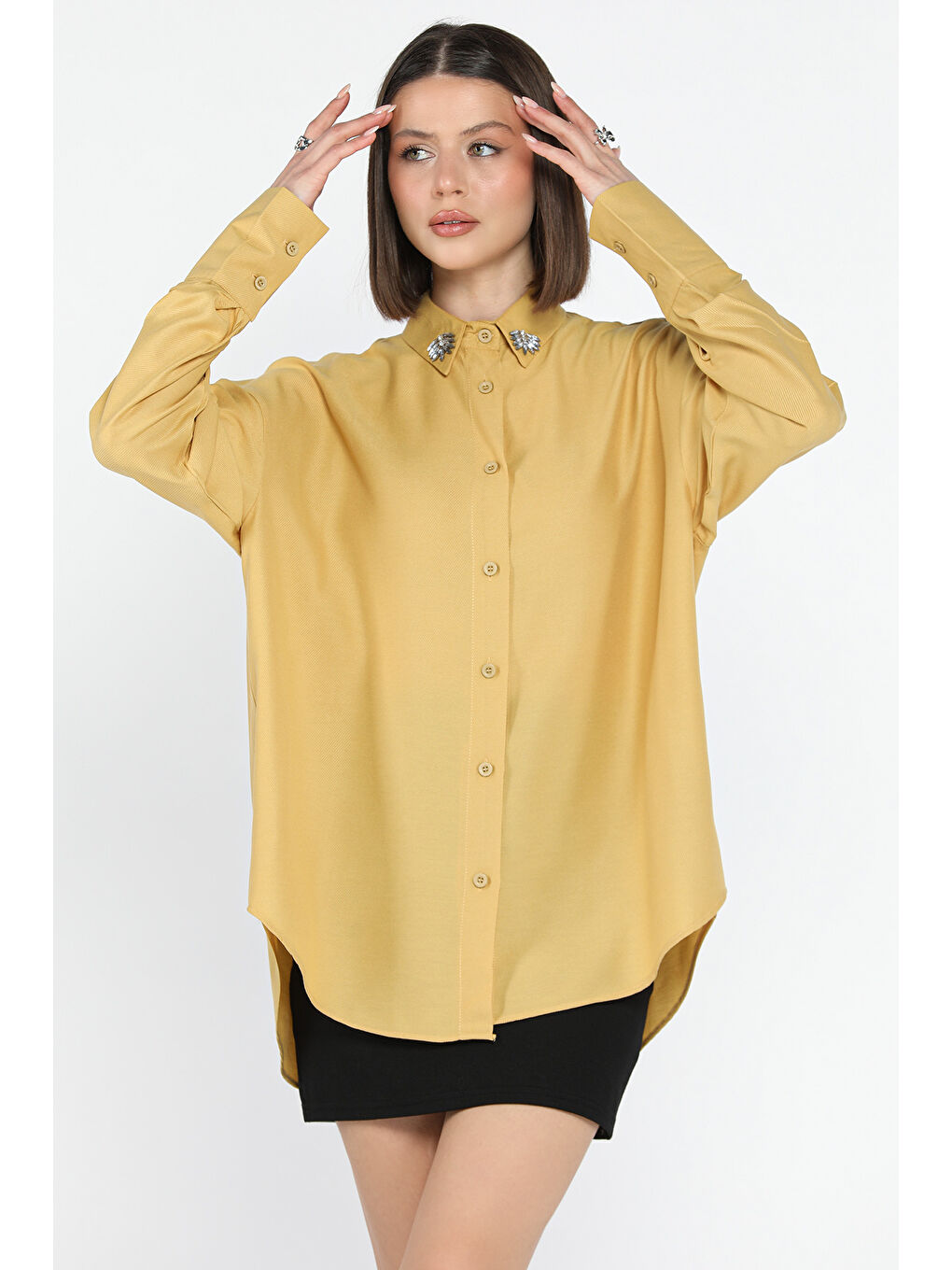 Kahverengi Kadın Yaka Taş İşlemeli Kendinden Desenli Gömlek-1